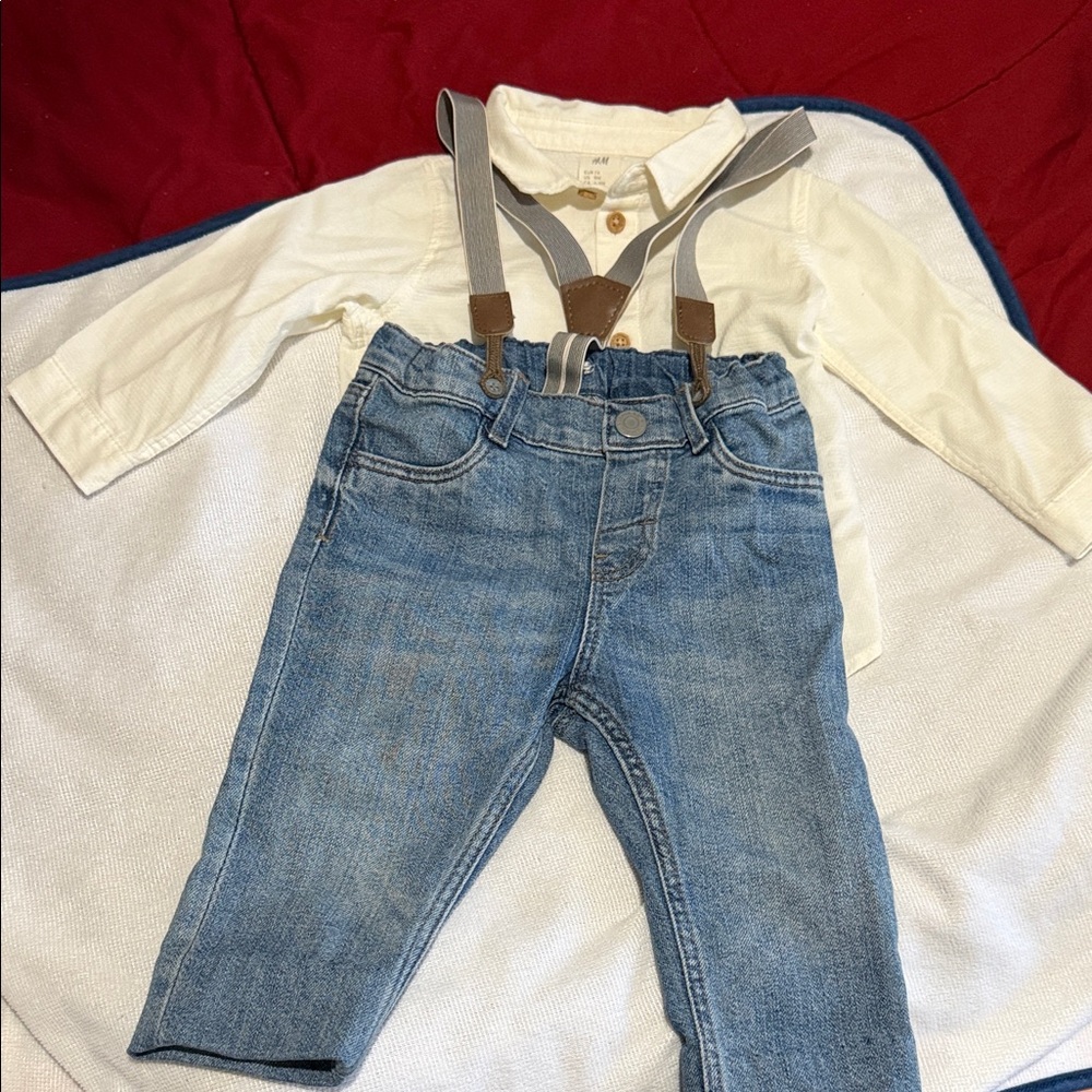 H&M Cream Shirt and Blue Denim Jeans Matching Set with Gray Suspenders